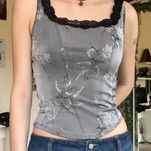 Vintage Whimsigoth Gray Floral Lace Trim Corset Top